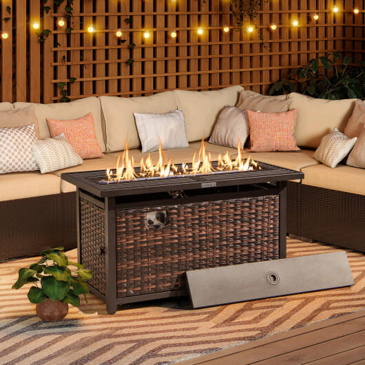 45 Inch Propane Rattan Firepit Table with Glass Stones and Protective Cover-Mixed Brown B593-NP11847