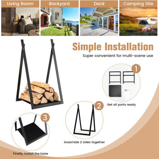 Triangle Firewood Rack with Raised Base for Fireplace Fire Pit-Black - Color: Black D681-HV10295DK