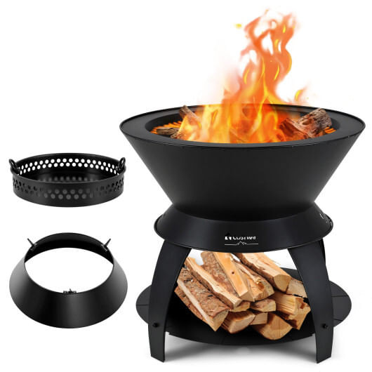 20 Inch Patio Fire Pit Metal Camping Fire Bowl with Pot Holder and Storage Shelf-Black B593-NP11798