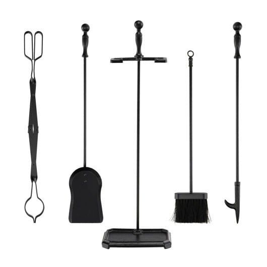 5-Piece Fireplace Tool Set with Tong Brush Shovel Poker Stand-Black B593-HV10286