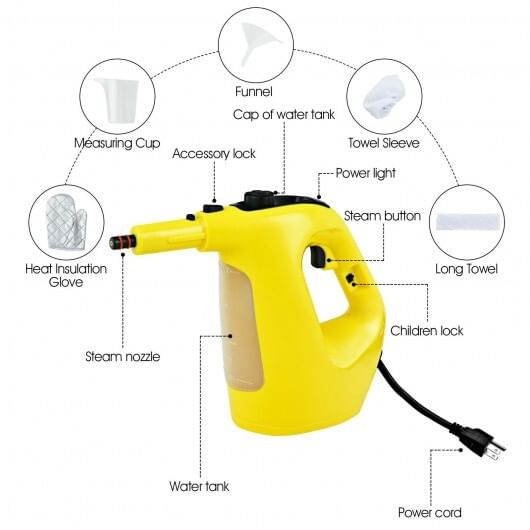 1400W Multipurpose Pressurized Steam Cleaner With 17 Pieces Accessories-Yellow - Color: Yellow D681-ES10028US-YW