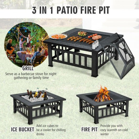 32 Inch 3 in 1 Outdoor Square Fire Pit Table with BBQ Grill and Rain Cover for Camping B593-JV10256