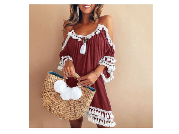 Color: Red, Size: L - Summer explosions hanging neck tassels net color strapless dress short skirt Q119-CJNSSYLY00650-Red-L