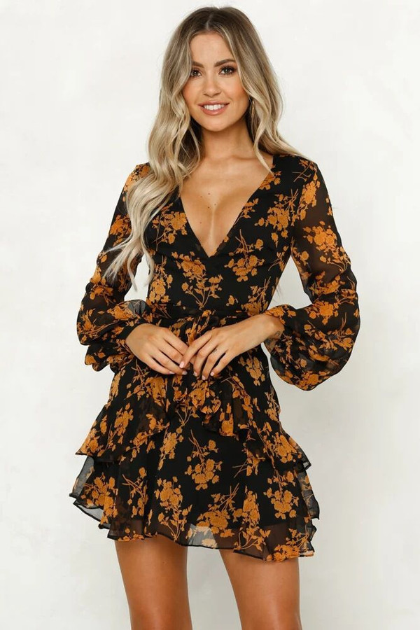 Color: Gold, Size: 2XL - Autumn new fashion flower print long sleeve dress Q119-CJNSSYLY01584-Gold-2XL