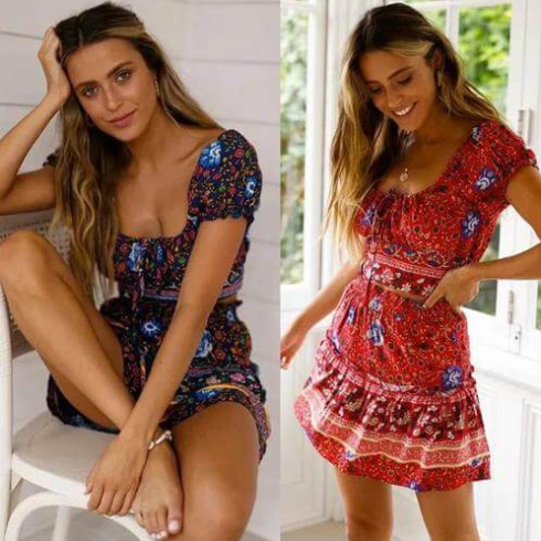 Sexy square collar strap print waist skirt suit Q119-CJNSSYLY01591