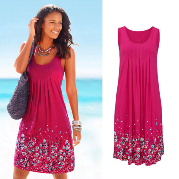 Color: Pink, Size: 5XL - Sleeveless Floral Print Loose Summer Dress Fashion Casual Women Dress Q119-CJNSSYLY02066-Pink-5XL