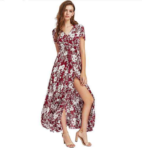New Bohemian vintage ethnic style Floral holiday style V-neck loose long dress Long skirt Q119-CJNSSYLY01853