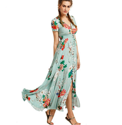 New Bohemian vintage ethnic style Floral holiday style V-neck loose long dress Long skirt Q119-CJNSSYLY01853