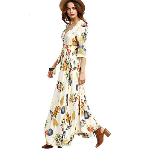 New Bohemian vintage ethnic style Floral holiday style V-neck loose long dress Long skirt Q119-CJNSSYLY01853