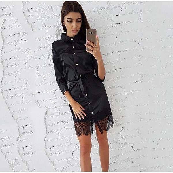Color: Black, Size: S - Woman Sexy Lace Button Patchwork Mini Dress Casual Three Quarter Sleeve Sas Q119-CJNSSYLY01529-Black-S