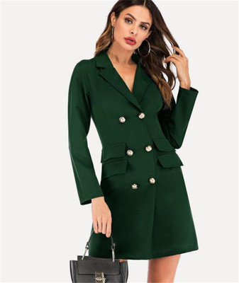 Color: Green, Size: L - European and American women's double-breasted Slim sexy windbreaker solid c Q119-CJNSSYLY01903-Green-L