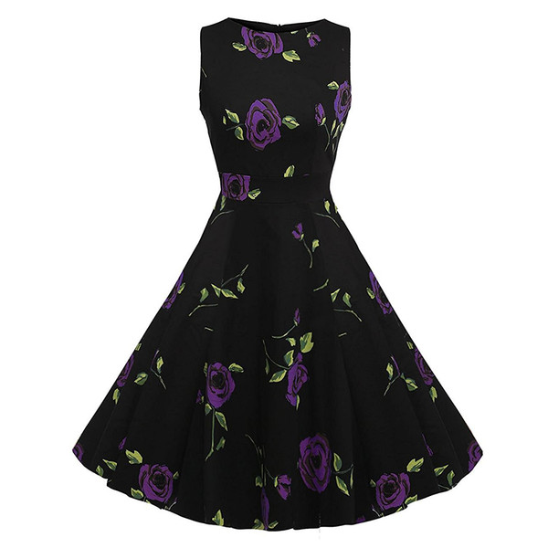 Style: 09, Size: L - Women's cotton round neck dress sleeveless print Hepburn retro skirt Q119-CJNSSYLY00332-09-L