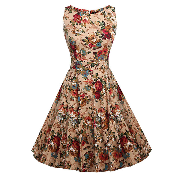 Style: 02, Size: L - Women's cotton round neck dress sleeveless print Hepburn retro skirt Q119-CJNSSYLY00332-02-L