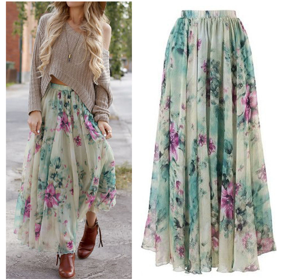 Color: Green, Size: M - Bohemian big pen print skirt skirt half length skirt summer Q119-CJNSSYLY01934-Green-M