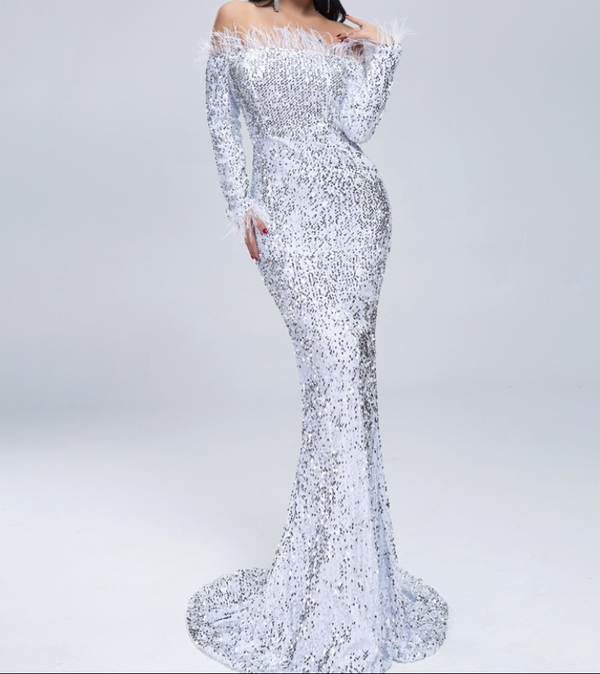 Feather sequins long evening dress Q119-CJNSSYLY02359
