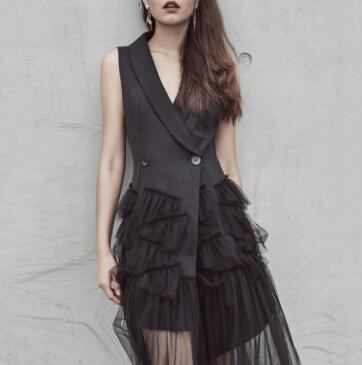 2021 early spring Europe and the United States new sleeveless suit vest mesh dress temperament blac Q119-CJNSSYLY00214