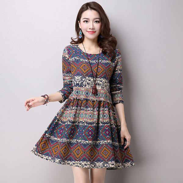 Ethnic style cotton and linen large size women's head geometric print long sleeve skirt dress Q119-CJNSSYLY00973