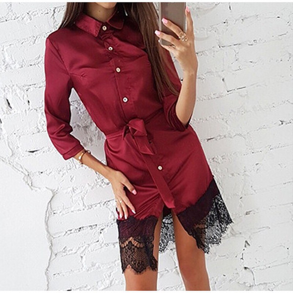 Color: Red, Size: M - Woman Sexy Lace Button Patchwork Mini Dress Casual Three Quarter Sleeve Sashe Q119-CJNSSYLY01529-Red-M