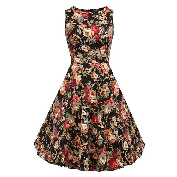 Style: 05, Size: L - Women's cotton round neck dress sleeveless print Hepburn retro skirt Q119-CJNSSYLY00332-05-L