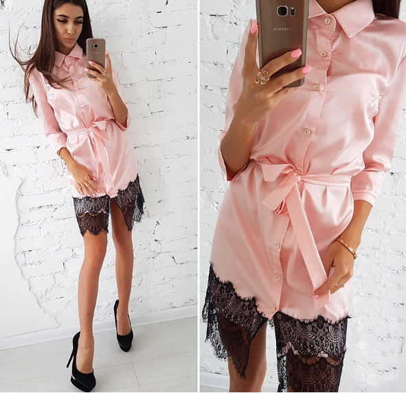 Color: Pink, Size: L - Woman Sexy Lace Button Patchwork Mini Dress Casual Three Quarter Sleeve Sash Q119-CJNSSYLY01529-Pink-L