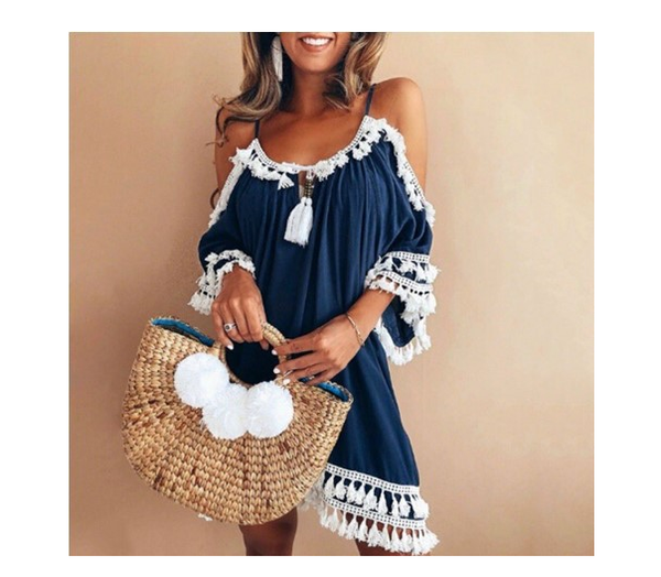 Color: Blue, Size: 3XL - Summer explosions hanging neck tassels net color strapless dress short ski Q119-CJNSSYLY00650-Blue-3XL