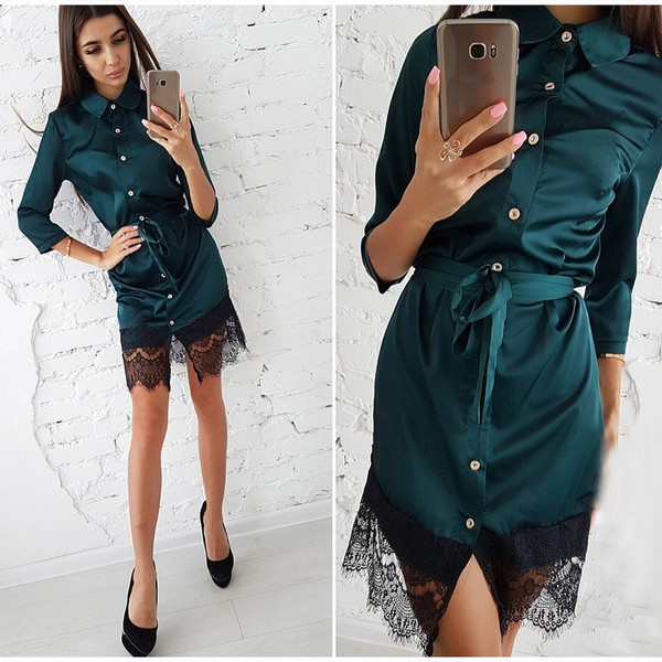 Color: Green, Size: M - Woman Sexy Lace Button Patchwork Mini Dress Casual Three Quarter Sleeve Sas Q119-CJNSSYLY01529-Green-M