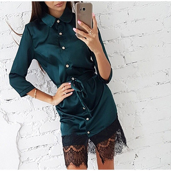Color: Green, Size: M - Woman Sexy Lace Button Patchwork Mini Dress Casual Three Quarter Sleeve Sas Q119-CJNSSYLY01529-Green-M
