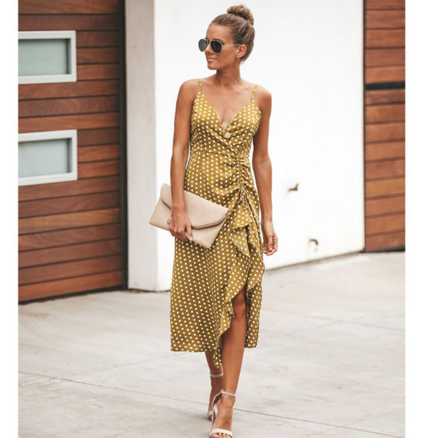Color: Yellow, Size: L - Polka-dot V-neck dress Q119-CJNSSYLY02145-Yellow-L