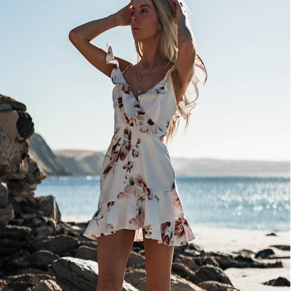 V-neck sling print hem ruffled dress Q119-CJNSSYLY01740