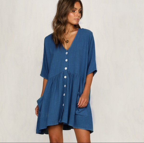Color: Blue, Size: M - V-neck pocket short dress Q119-CJNSSYLY02115-Blue-M