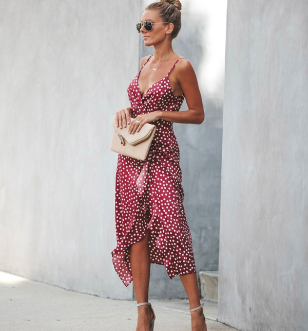 Color: Red, Size: L - Polka-dot V-neck dress Q119-CJNSSYLY02145-Red-L