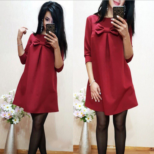 Sweet bow design in sleeved solid color dress Q119-CJNSSYLY00657