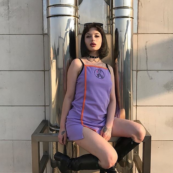 Sexy Spaghetti-Strap Two-Toned Stripe Dress with Woman and Kitty Print Q119-CJNSSYLY00882