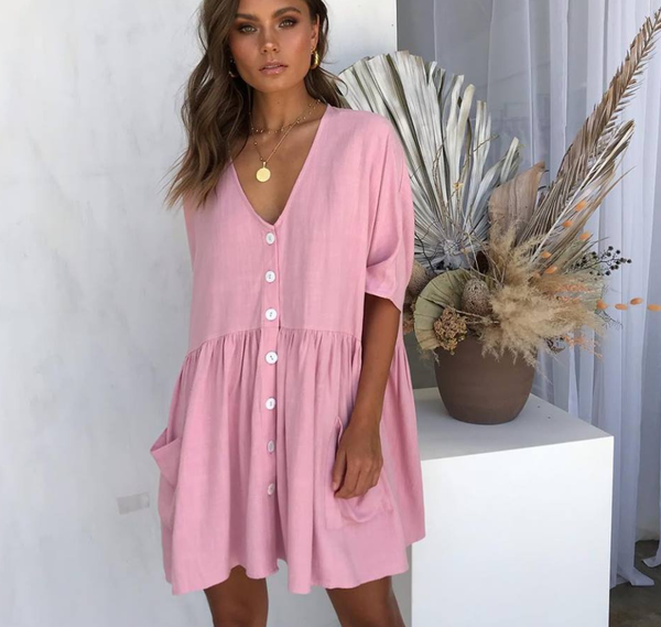 Color: Pink, Size: M - V-neck pocket short dress Q119-CJNSSYLY02115-Pink-M