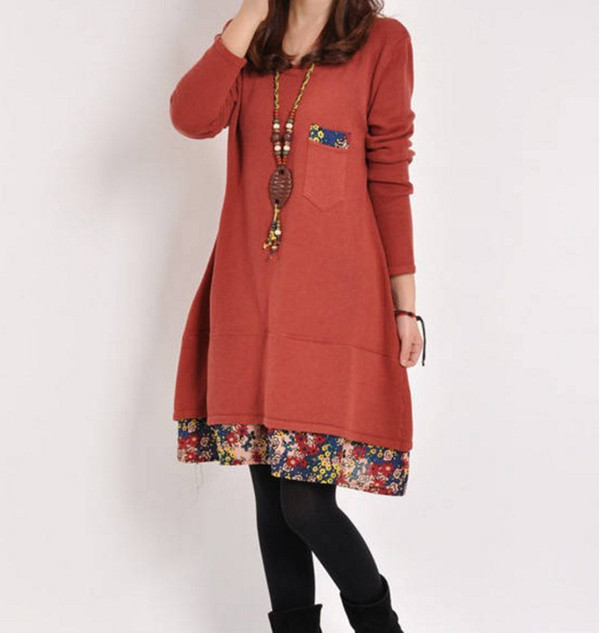 Korean casual large size long sleeve bottoming Floral mosaic casual ladies dress Q119-CJNSSYLY01845