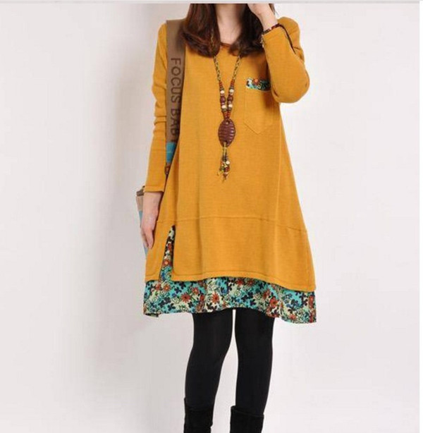 Korean casual large size long sleeve bottoming Floral mosaic casual ladies dress Q119-CJNSSYLY01845
