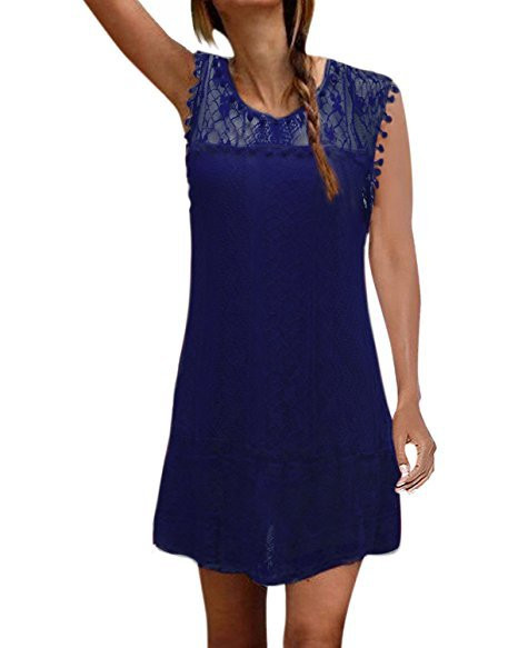 Color: Blue, Size: M - Lace Elegant Hollow Out Shoulder One-piece Dress Q119-CJNSSYLY00121-Blue-M