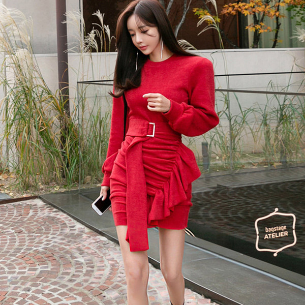 Ruffled pleated bag hip strap fashion dress knit bottom skirt Q119-CJNSSYLY01226
