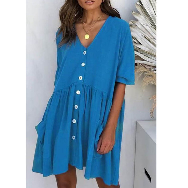 Color: Light Blue, Size: XL - V-neck pocket short dress Q119-CJNSSYLY02115-Light Blue-XL