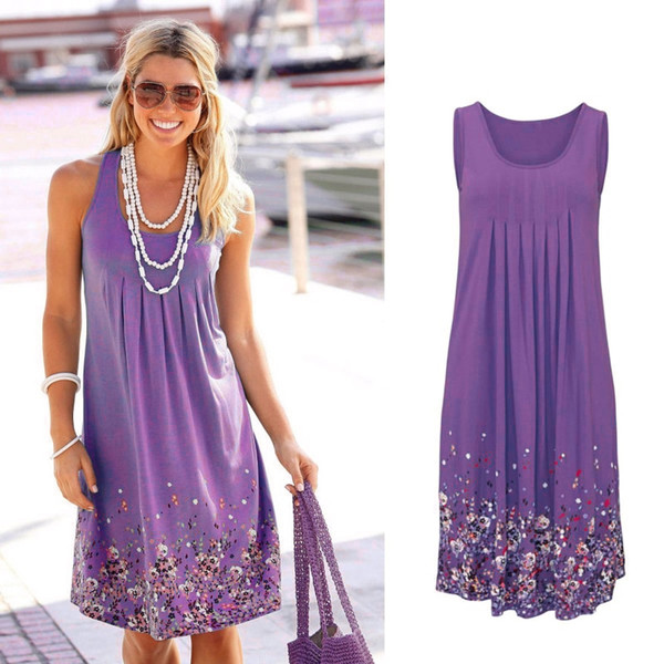 Color: Purple, Size: XL - Sleeveless Floral Print Loose Summer Dress Fashion Casual Women Dress Q119-CJNSSYLY02066-Purple-XL