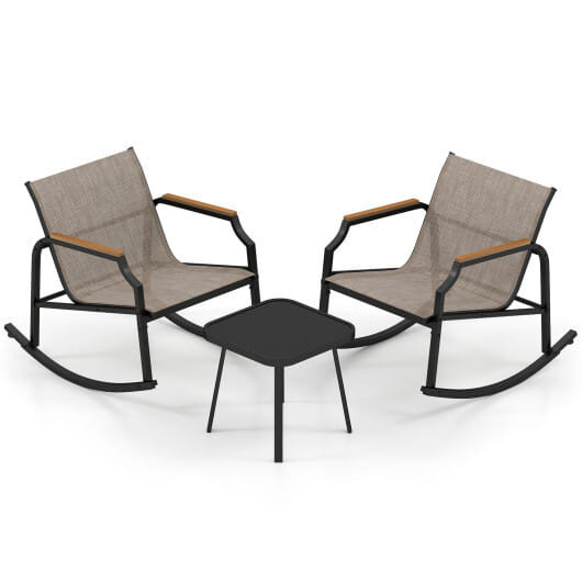 3 Piece Patio Rocking Bistro Set with Tempered Glass Coffee Table and Armrests for Porch-Brown - Co D681-NP12140CF