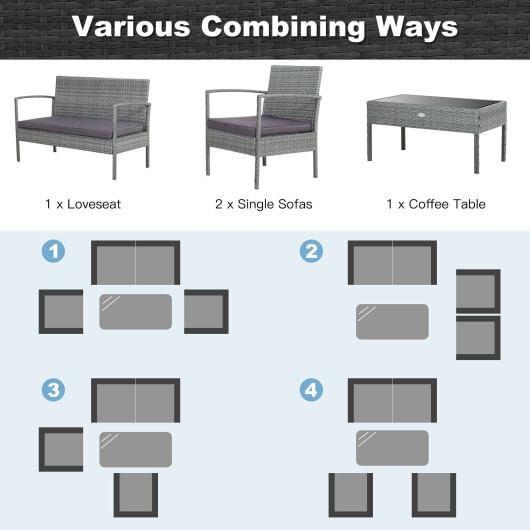 4 Pieces Outdoor Rattan Conversation Set with Comfortable Cushion - Color: Gray D681-HW68941