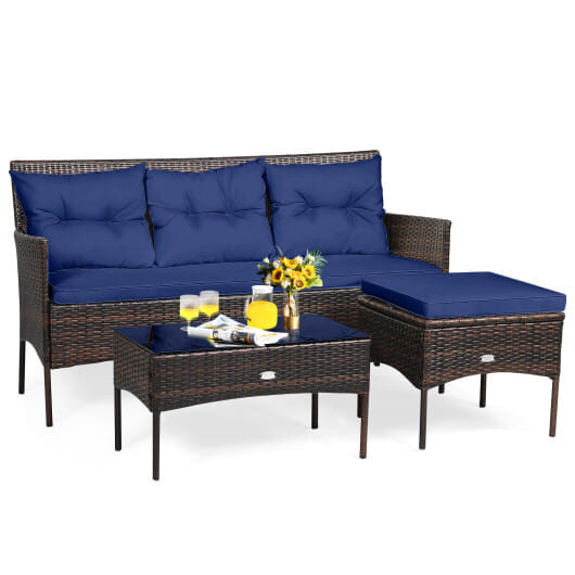 3 Pieces Patio Furniture Sectional Set with 5 Cozy Cushions-Navy - Color: Navy D681-HW67714NY