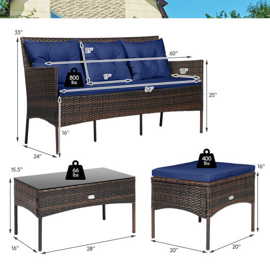 3 Pieces Patio Furniture Sectional Set with 5 Cozy Cushions-Navy - Color: Navy D681-HW67714NY