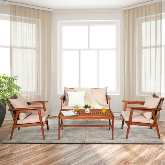 4 Pieces Acacia Wood Patio Rattan Furniture Set with Zippered Cushions-Brown - Color: Brown D681-HW68969BNA+