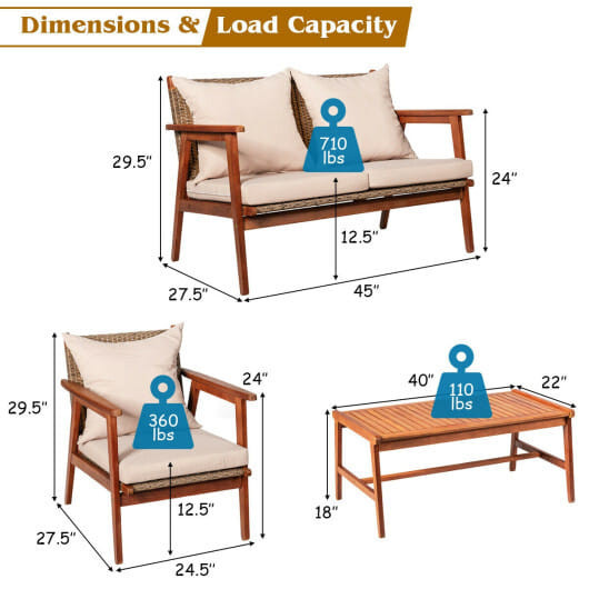 4 Pieces Acacia Wood Patio Rattan Furniture Set with Zippered Cushions-Brown - Color: Brown D681-HW68969BNA+