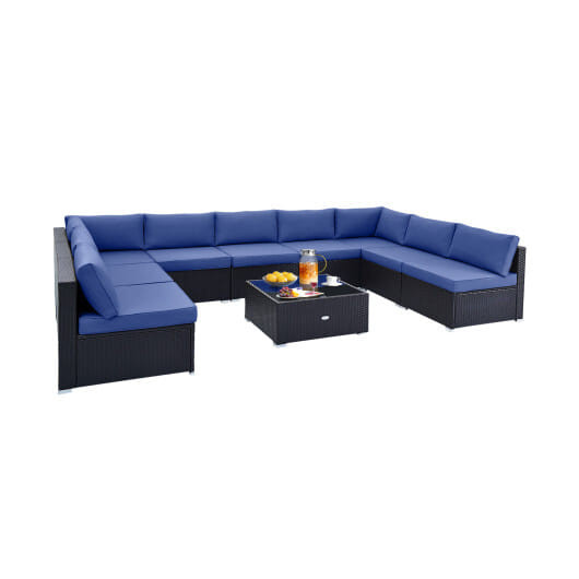 10 Piece Outdoor Wicker Conversation Set with Seat and Back Cushions-Navy - Color: Navy D681-HW71507NY+