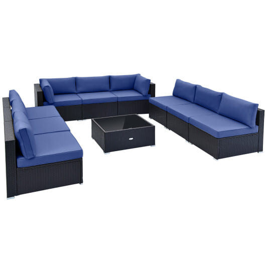 10 Piece Outdoor Wicker Conversation Set with Seat and Back Cushions-Navy - Color: Navy D681-HW71507NY+