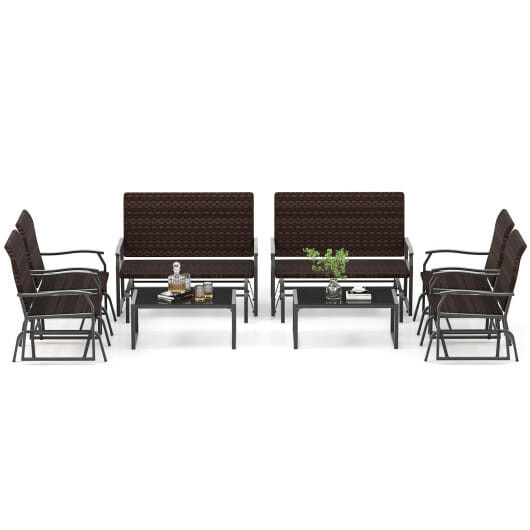 4 Piece Patio Gliding Set Wicker Swing Glider Furniture Set All Weather witrh Tempered Glass Coffee D681-NP11490BN
