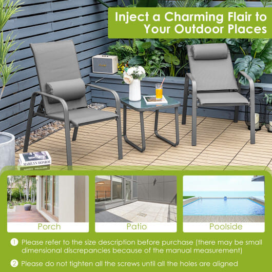 3 Pieces Patio Bistro Furniture Set with Adjustable Backrest-Gray - Color: Gray D681-NP10222GR